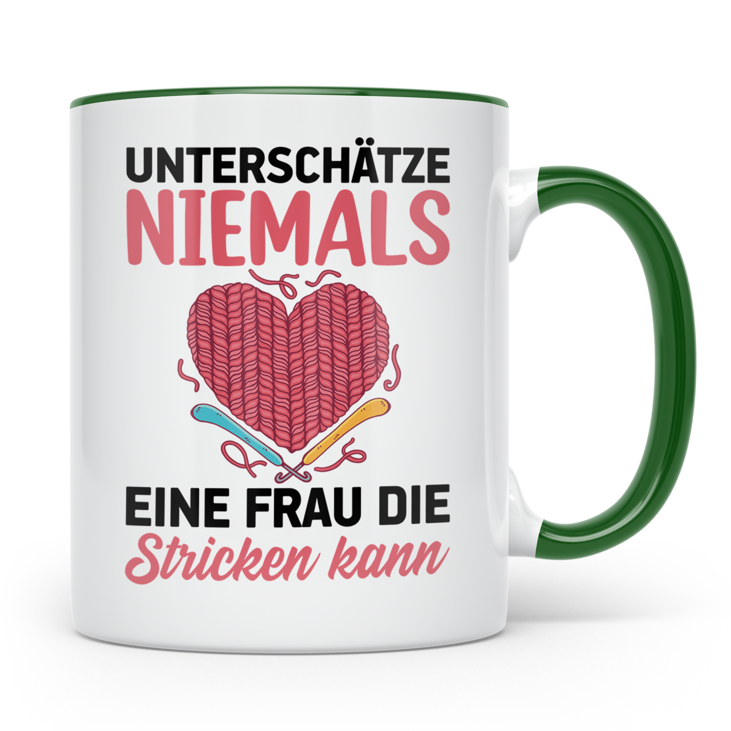 Niemals Stricken kann Tasse - Stricknadel Herz Motiv - Häkel - Grün