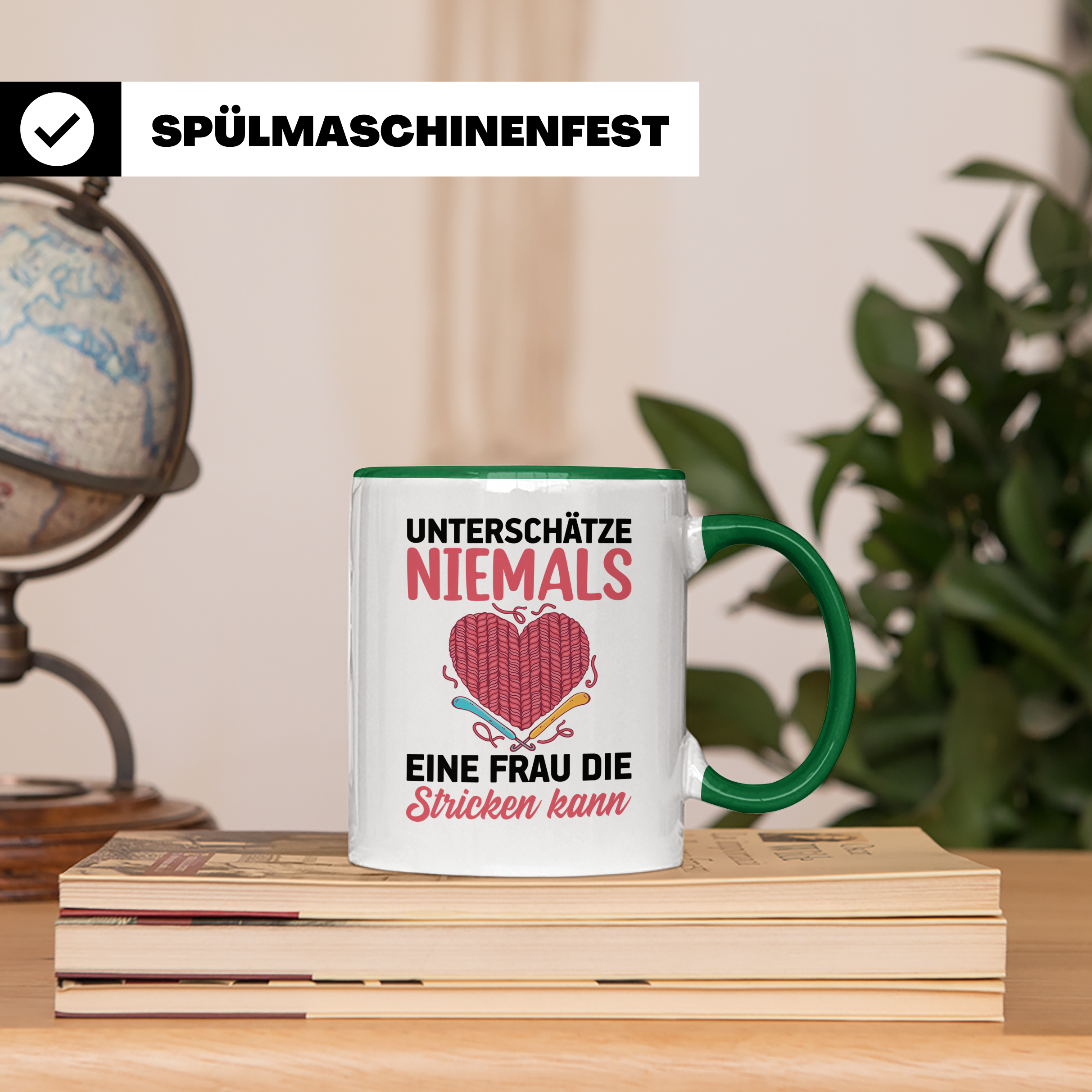 Niemals Stricken kann Tasse - Stricknadel Herz Motiv - Häkel - Grün