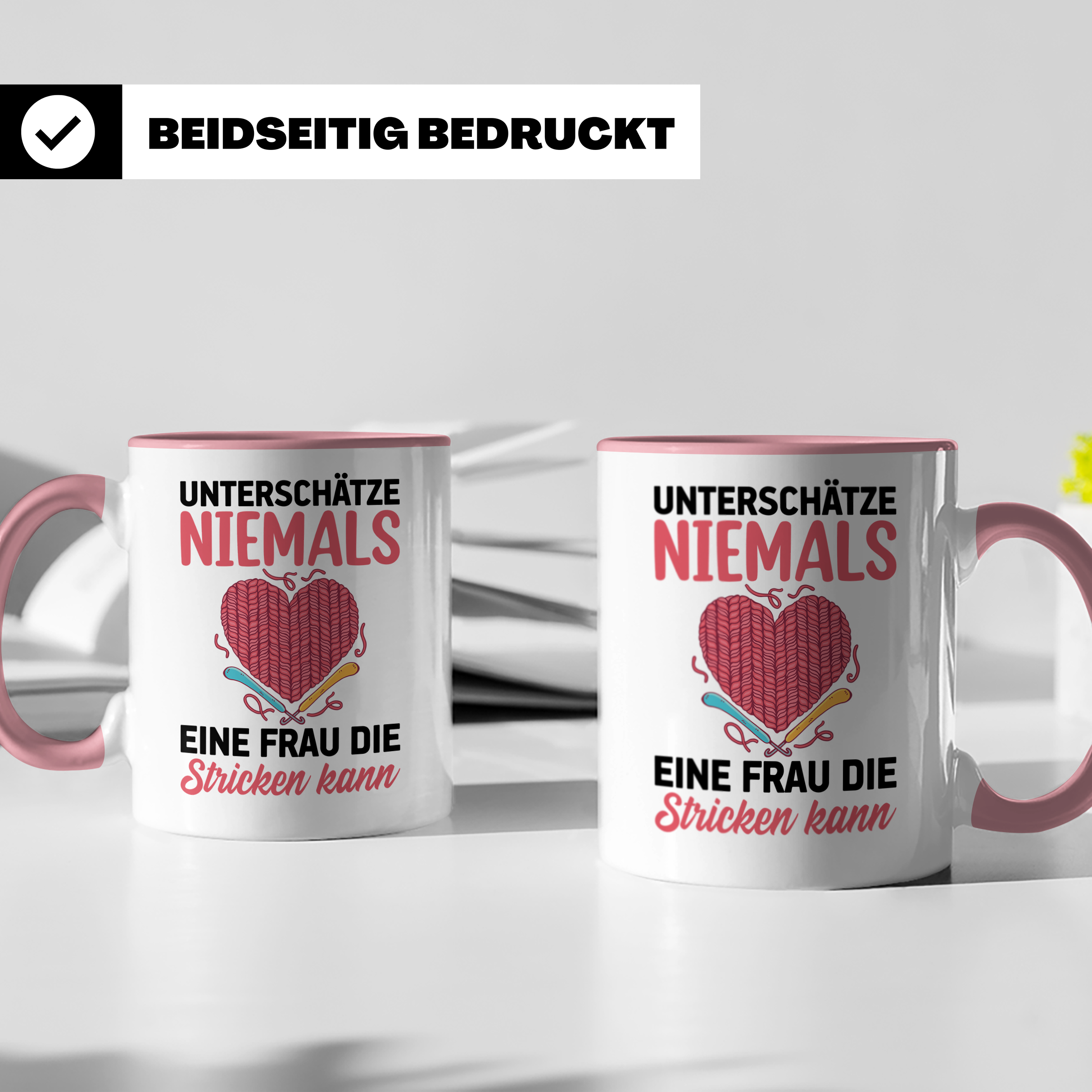 Niemals Stricken kann Tasse - Stricknadel Herz Motiv - Häkel - Rosa