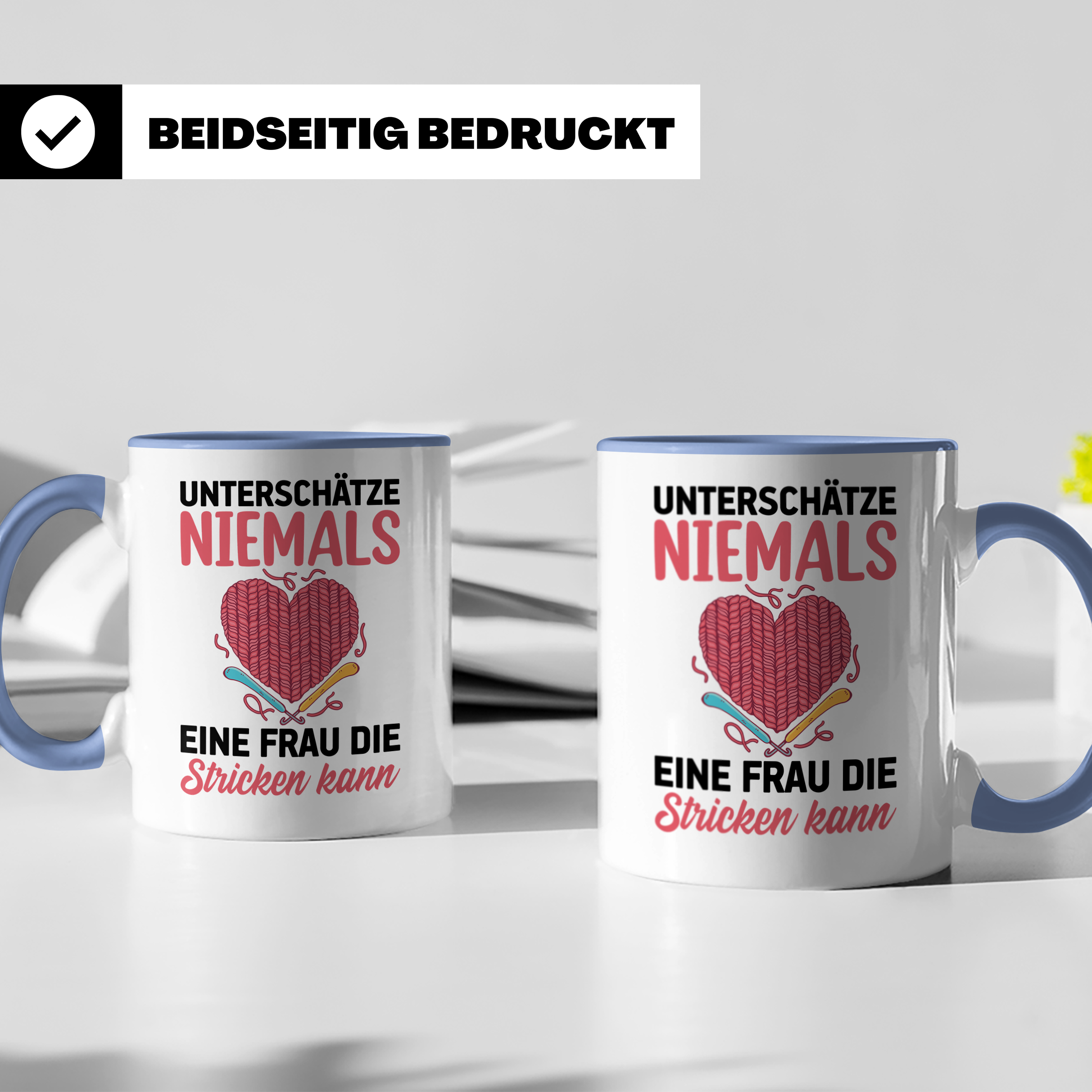 Niemals Stricken kann Tasse - Stricknadel Herz Motiv - Häkel - Blau