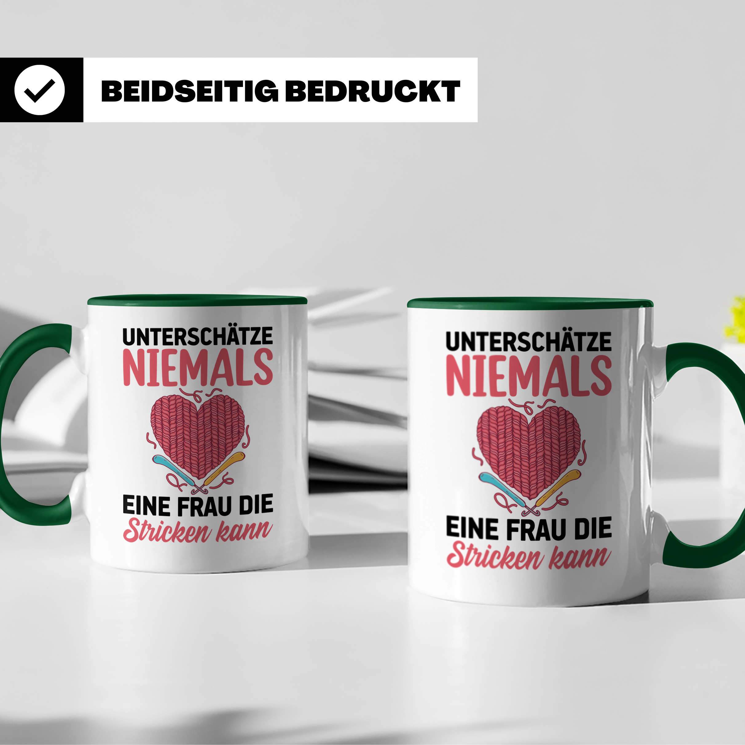 Niemals Stricken kann Tasse - Stricknadel Herz Motiv - Häkel - Grün