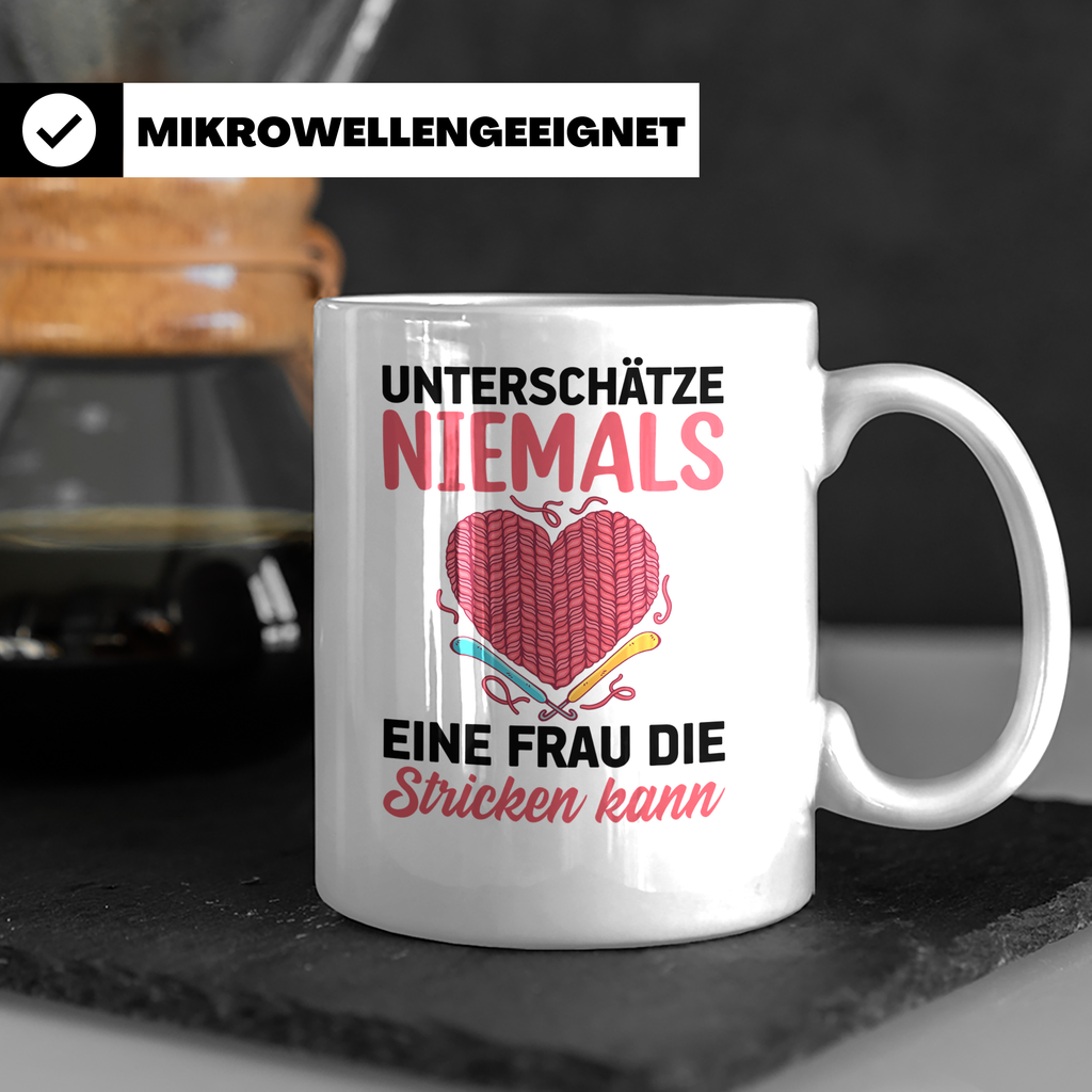 Niemals Stricken kann Tasse - Stricknadel Herz Motiv - Häkel - Weiß