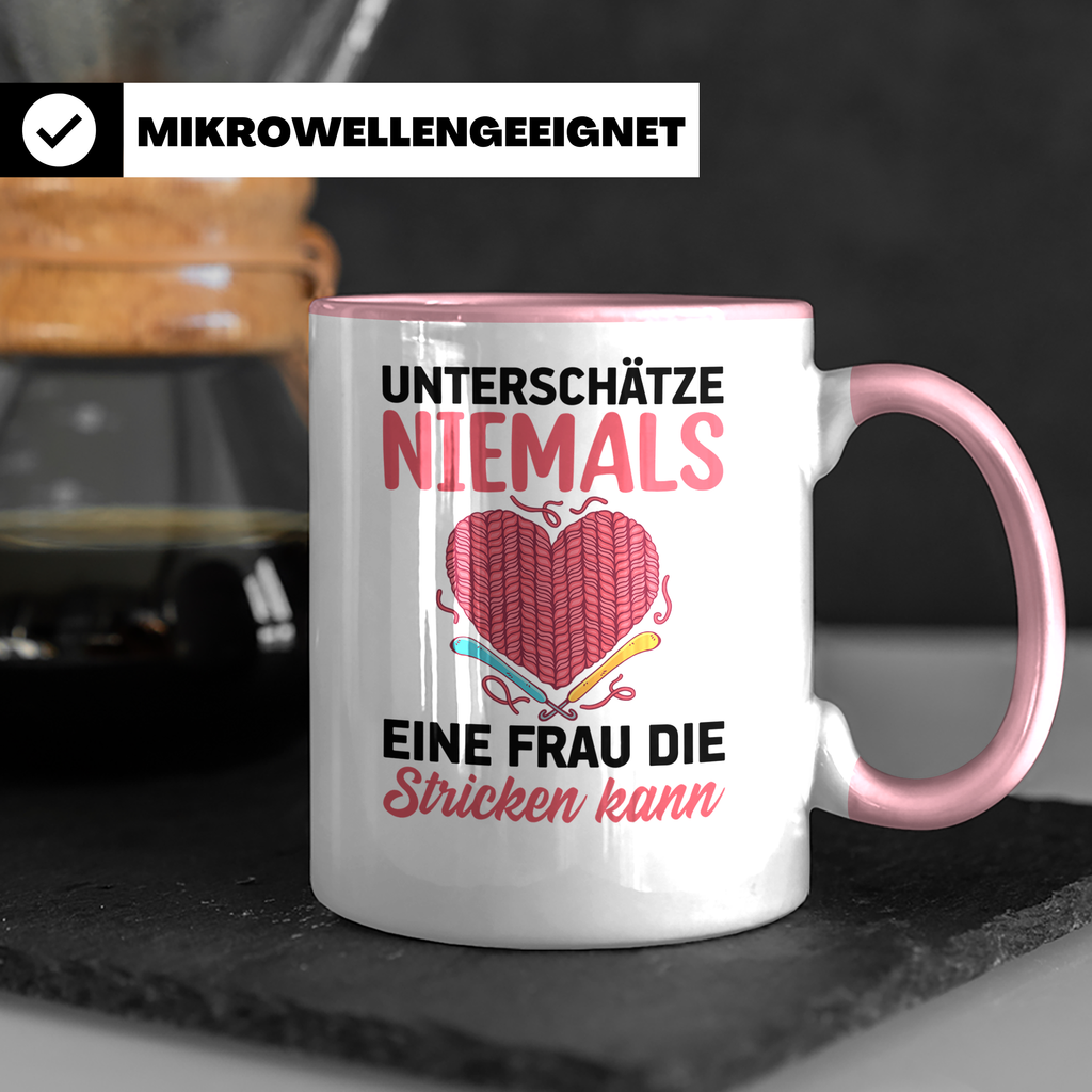 Niemals Stricken kann Tasse - Stricknadel Herz Motiv - Häkel - Rosa