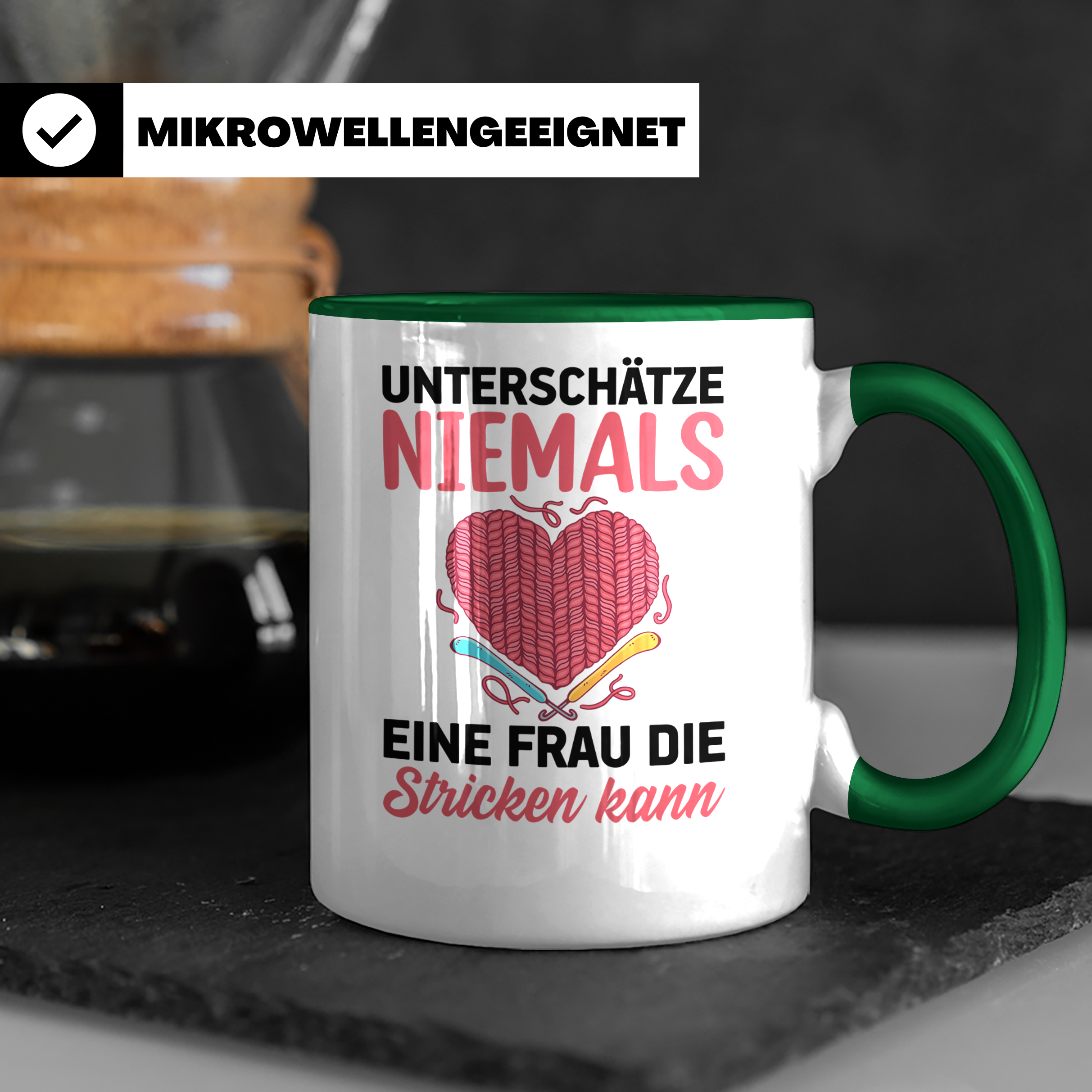 Niemals Stricken kann Tasse - Stricknadel Herz Motiv - Häkel - Grün