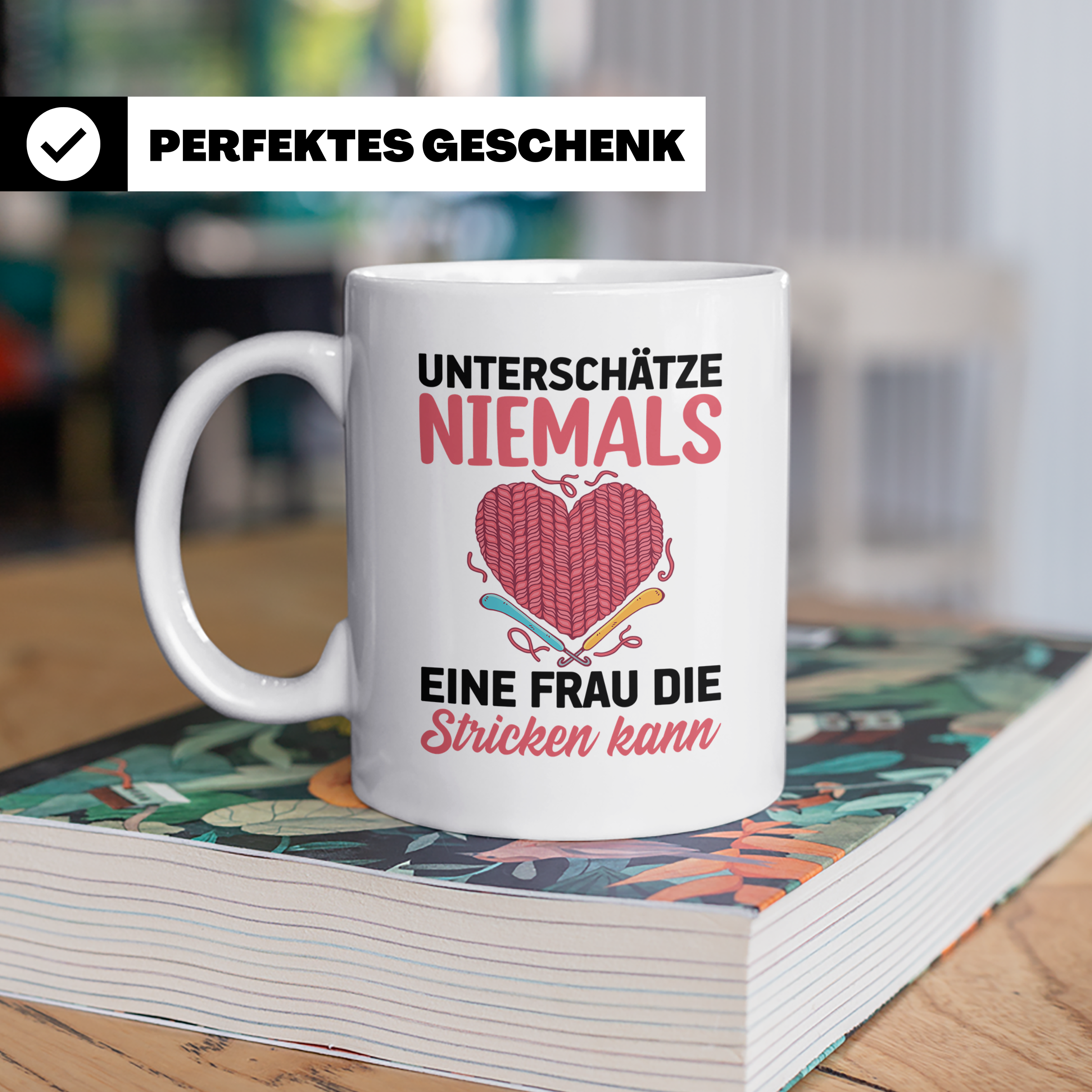 Niemals Stricken kann Tasse - Stricknadel Herz Motiv - Häkel - Weiß