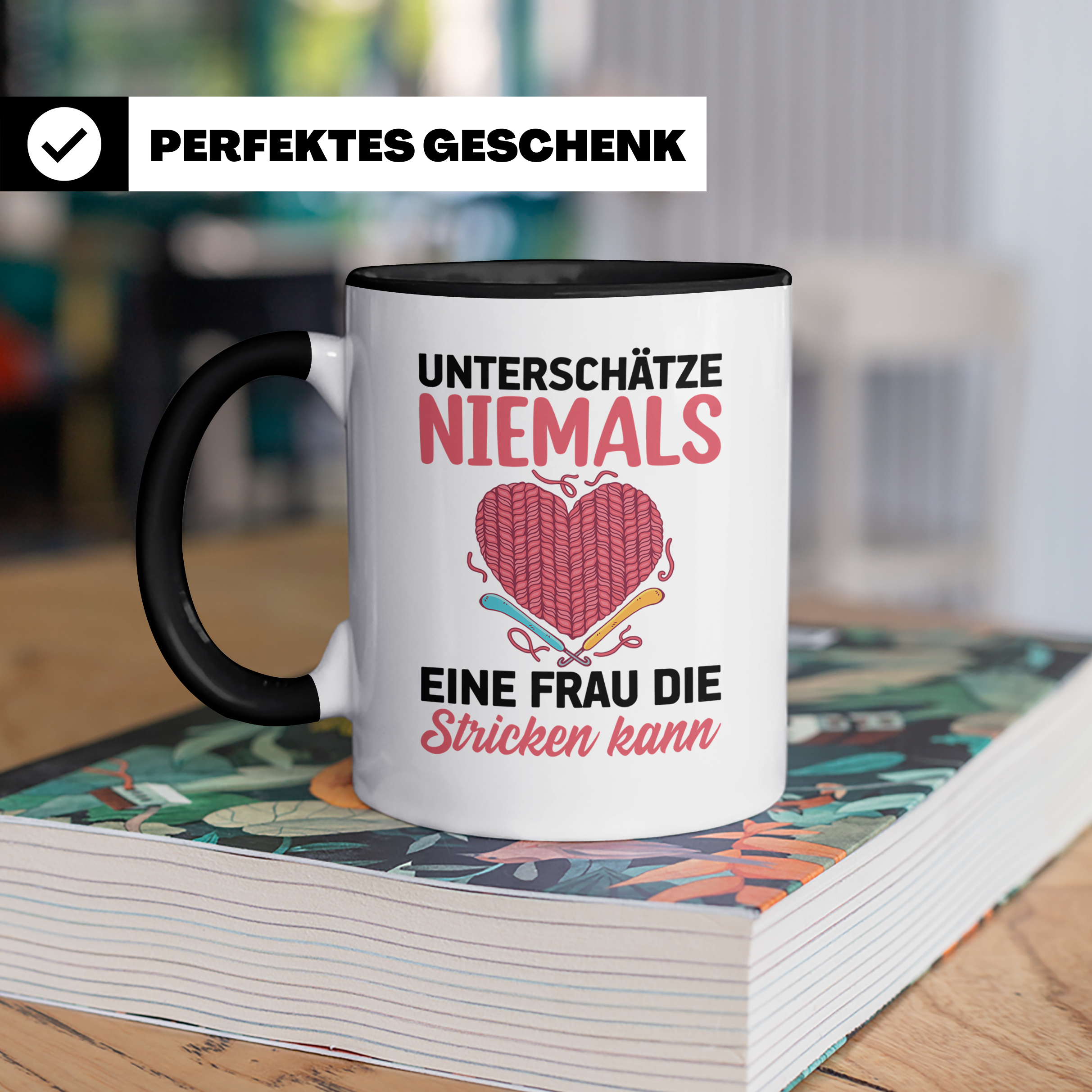Niemals Stricken kann Tasse - Stricknadel Herz Motiv - Häkel - Schwarz