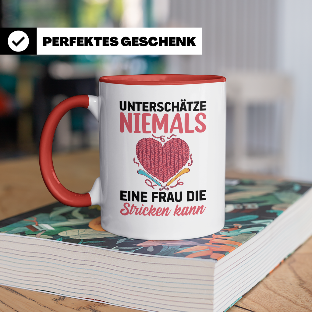 Niemals Stricken kann Tasse - Stricknadel Herz Motiv - Häkel - Rot