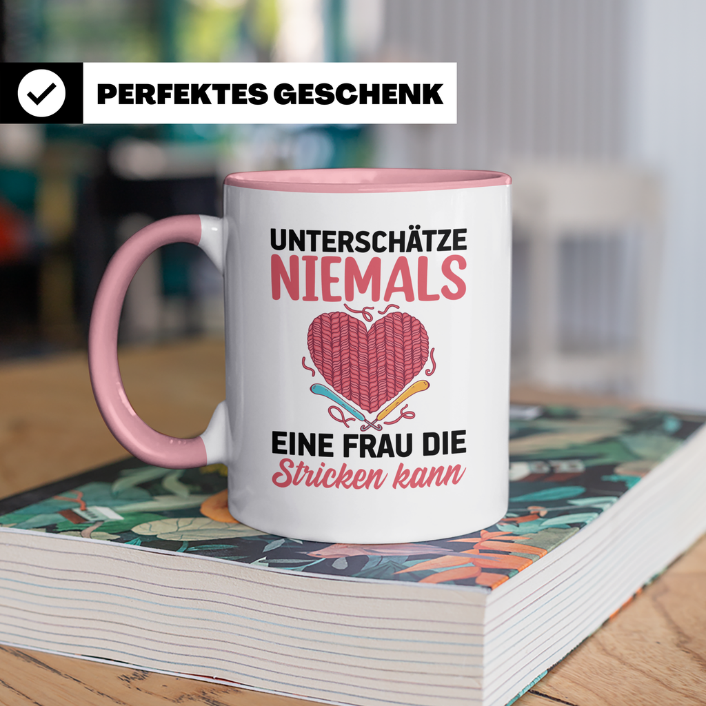 Niemals Stricken kann Tasse - Stricknadel Herz Motiv - Häkel - Rosa