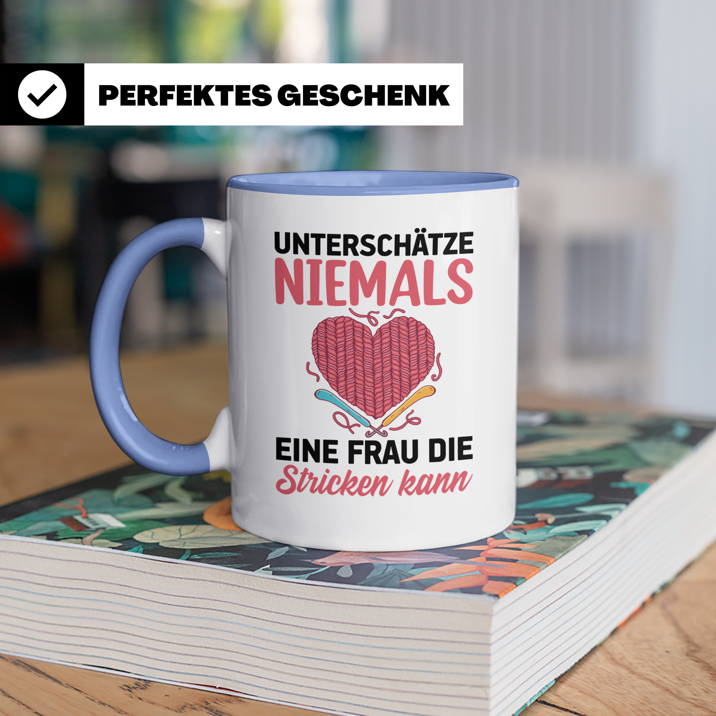 Niemals Stricken kann Tasse - Stricknadel Herz Motiv - Häkel - Blau