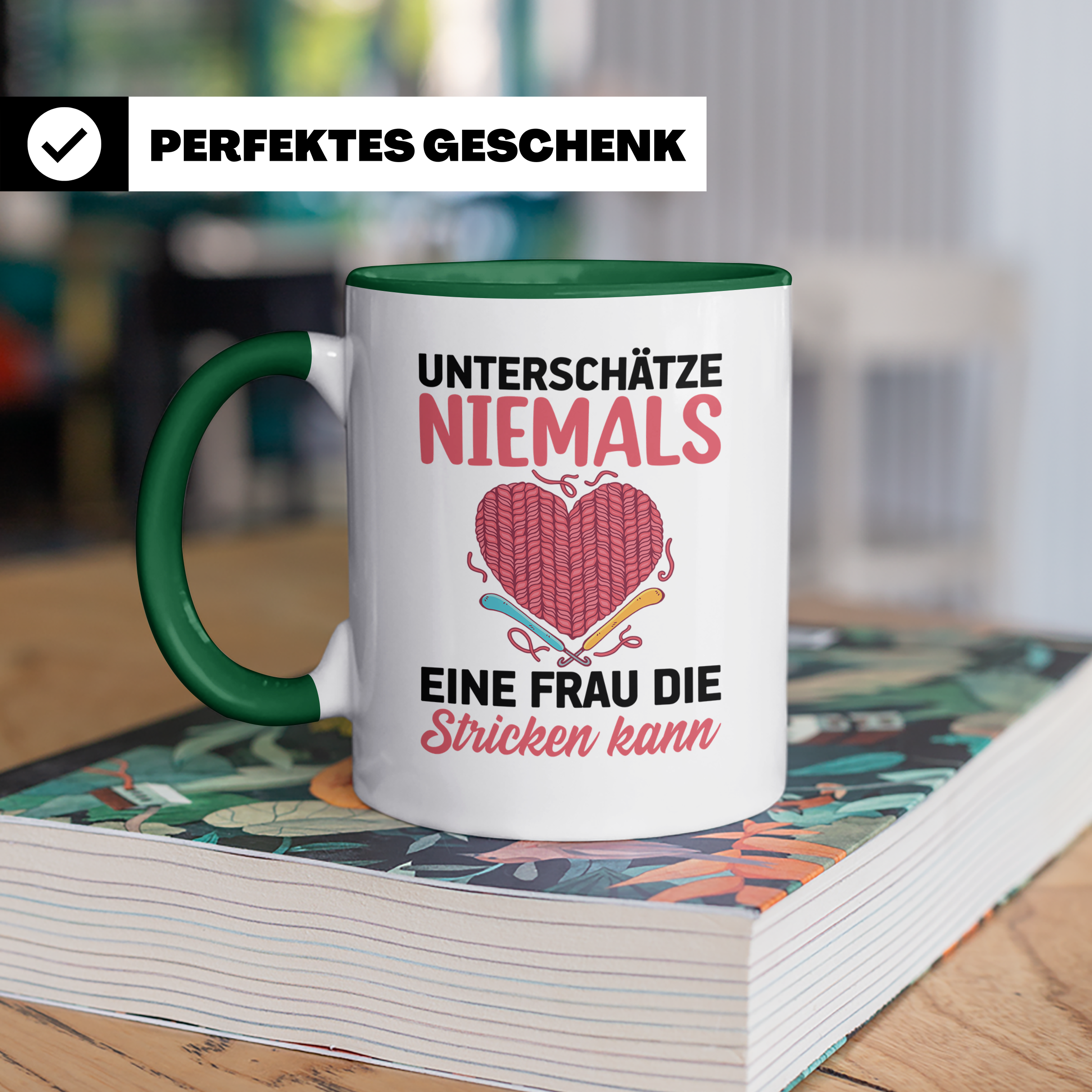 Niemals Stricken kann Tasse - Stricknadel Herz Motiv - Häkel - Grün