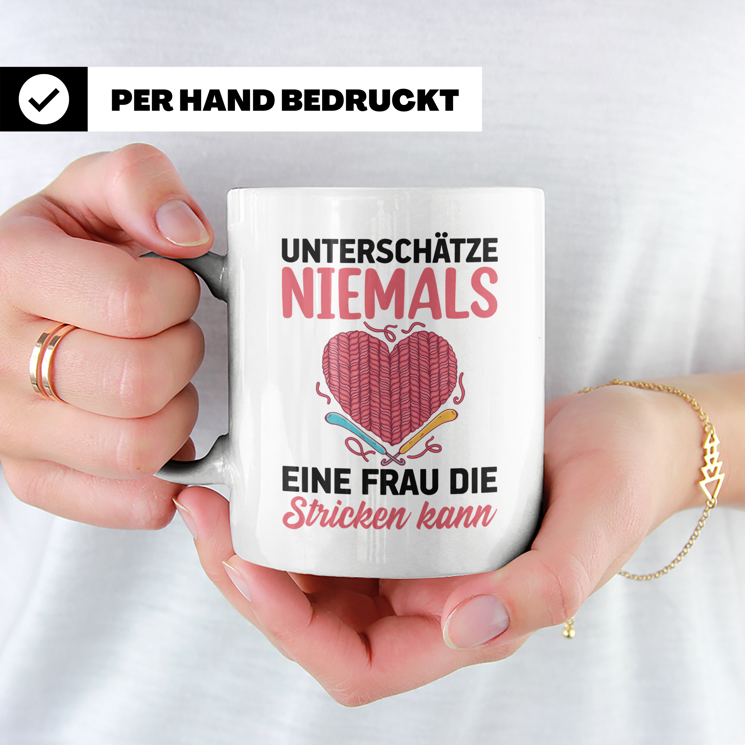 Niemals Stricken kann Tasse - Stricknadel Herz Motiv - Häkel - Weiß