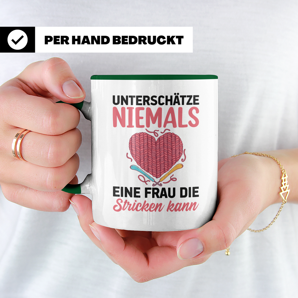 Niemals Stricken kann Tasse - Stricknadel Herz Motiv - Häkel - Grün