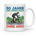 50. Geburtstag Tasse für Rennradfahrer | Spruch Ohne Akku |  – Weiß [farbe:weiß]