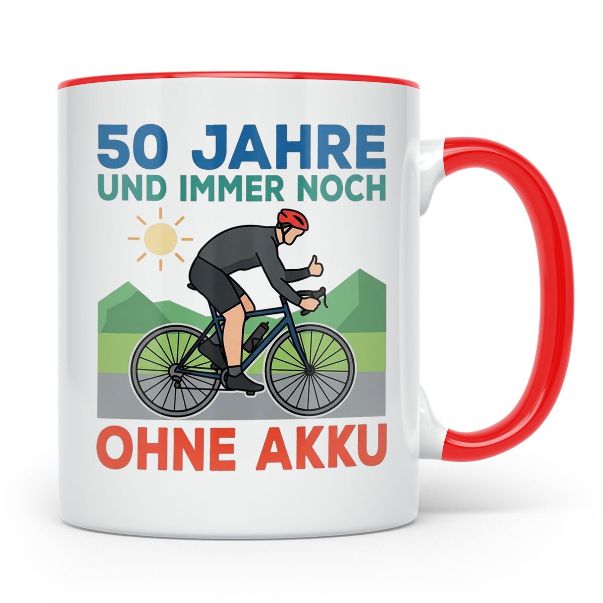 50. Geburtstag Tasse für Rennradfahrer | Spruch Ohne Akku |  – Rot [farbe:rot]