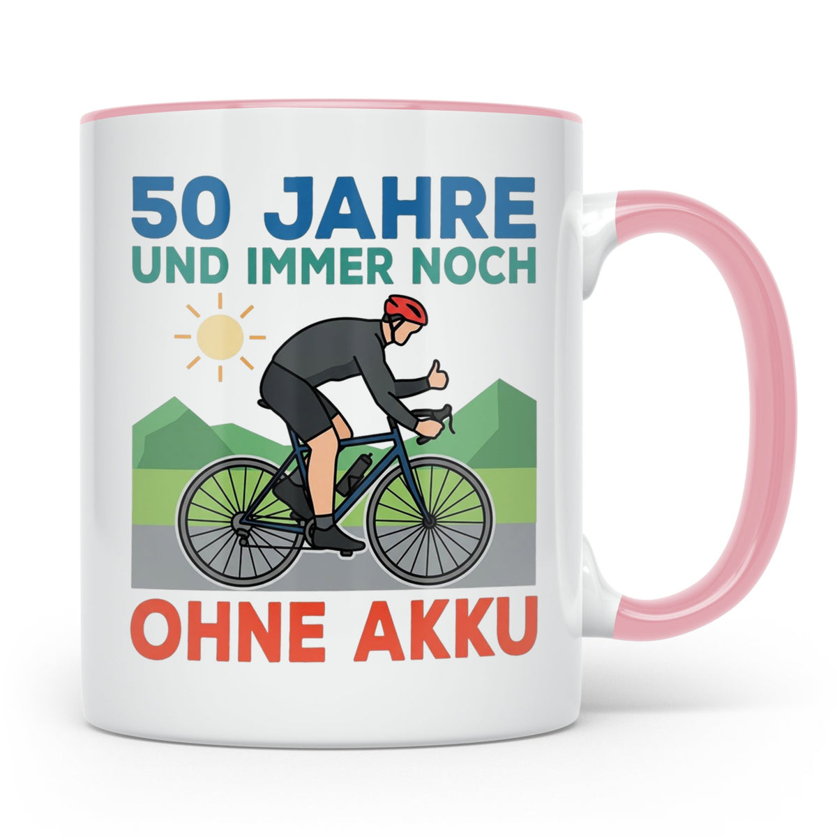 50. Geburtstag Tasse für Rennradfahrer | Spruch Ohne Akku |  – Rosa [farbe:rosa]