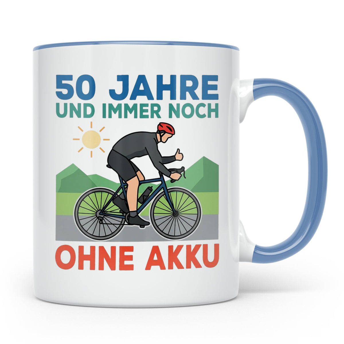 50. Geburtstag Tasse für Rennradfahrer | Spruch Ohne Akku |  – Blau [farbe:blau]