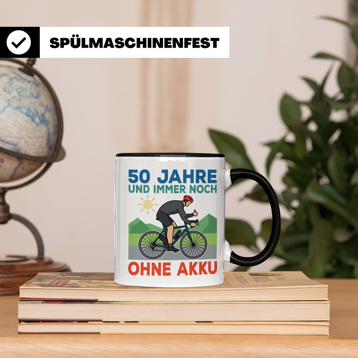 50. Geburtstag Tasse für Rennradfahrer | Spruch Ohne Akku |  – Schwarz [farbe:schwarz]