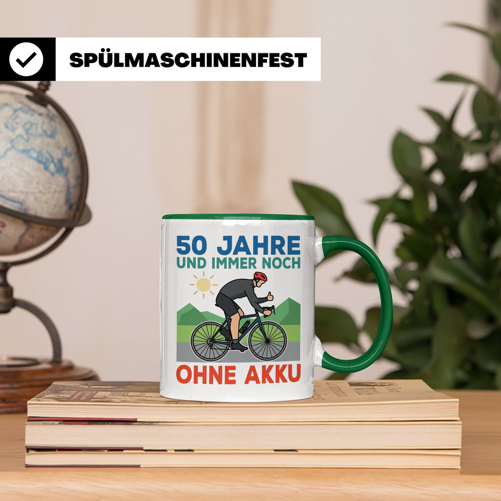 50. Geburtstag Tasse für Rennradfahrer | Spruch Ohne Akku |  – Grün [farbe:grün]