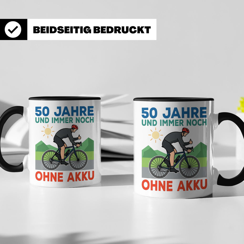 50. Geburtstag Tasse für Rennradfahrer | Spruch Ohne Akku |  – Schwarz [farbe:schwarz]