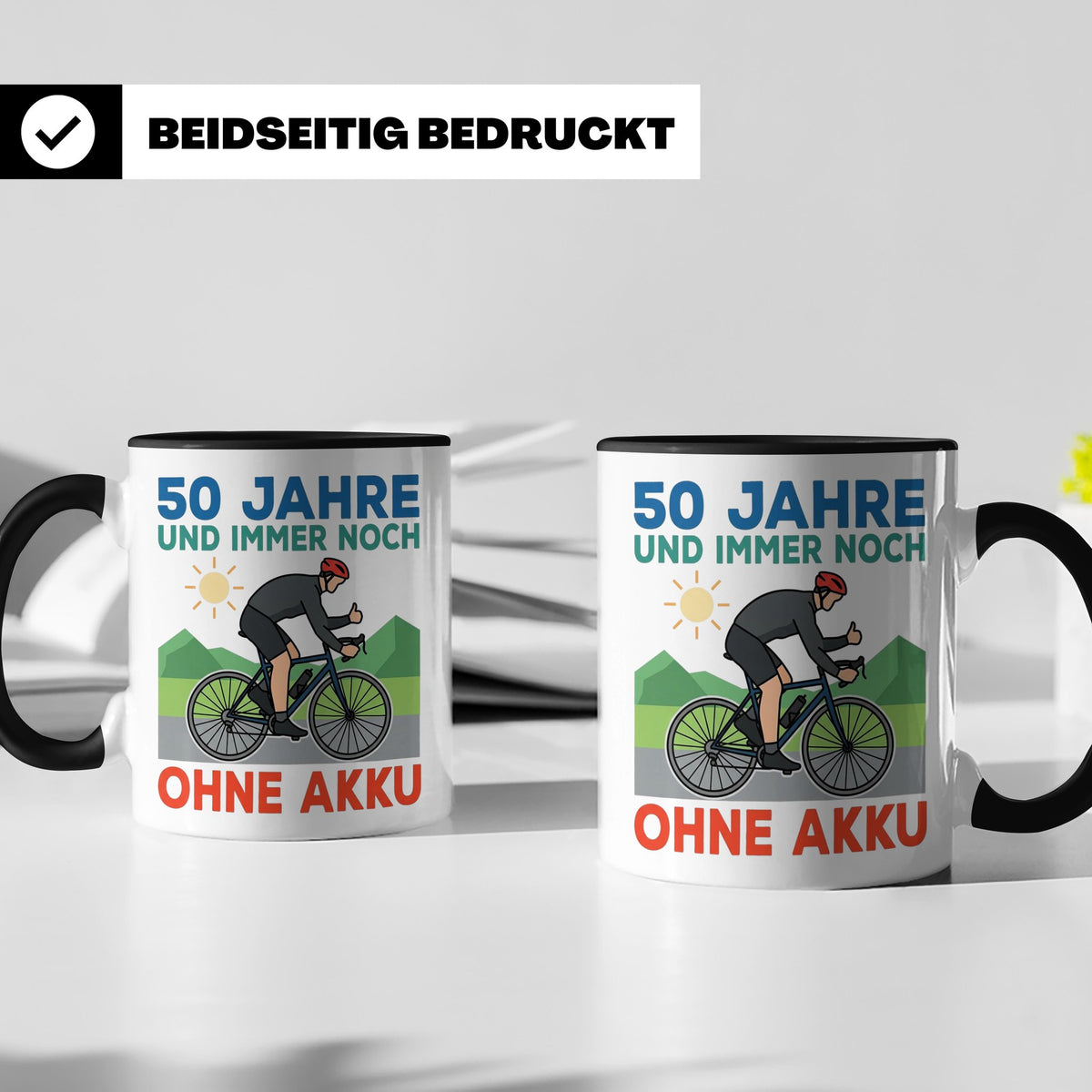 50. Geburtstag Tasse für Rennradfahrer | Spruch Ohne Akku |  – Schwarz [farbe:schwarz]