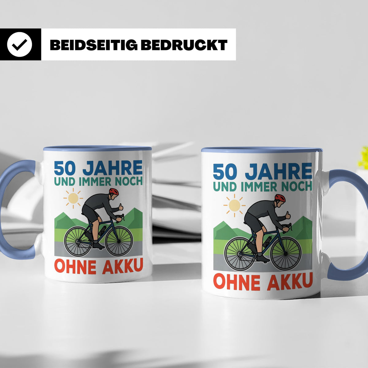 50. Geburtstag Tasse für Rennradfahrer | Spruch Ohne Akku |  – Blau [farbe:blau]