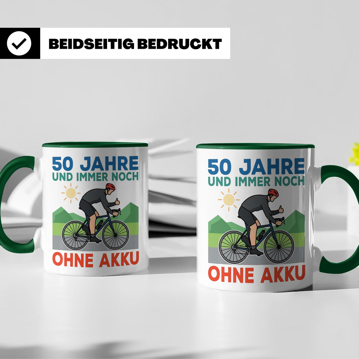 50. Geburtstag Tasse für Rennradfahrer | Spruch Ohne Akku |  – Grün [farbe:grün]