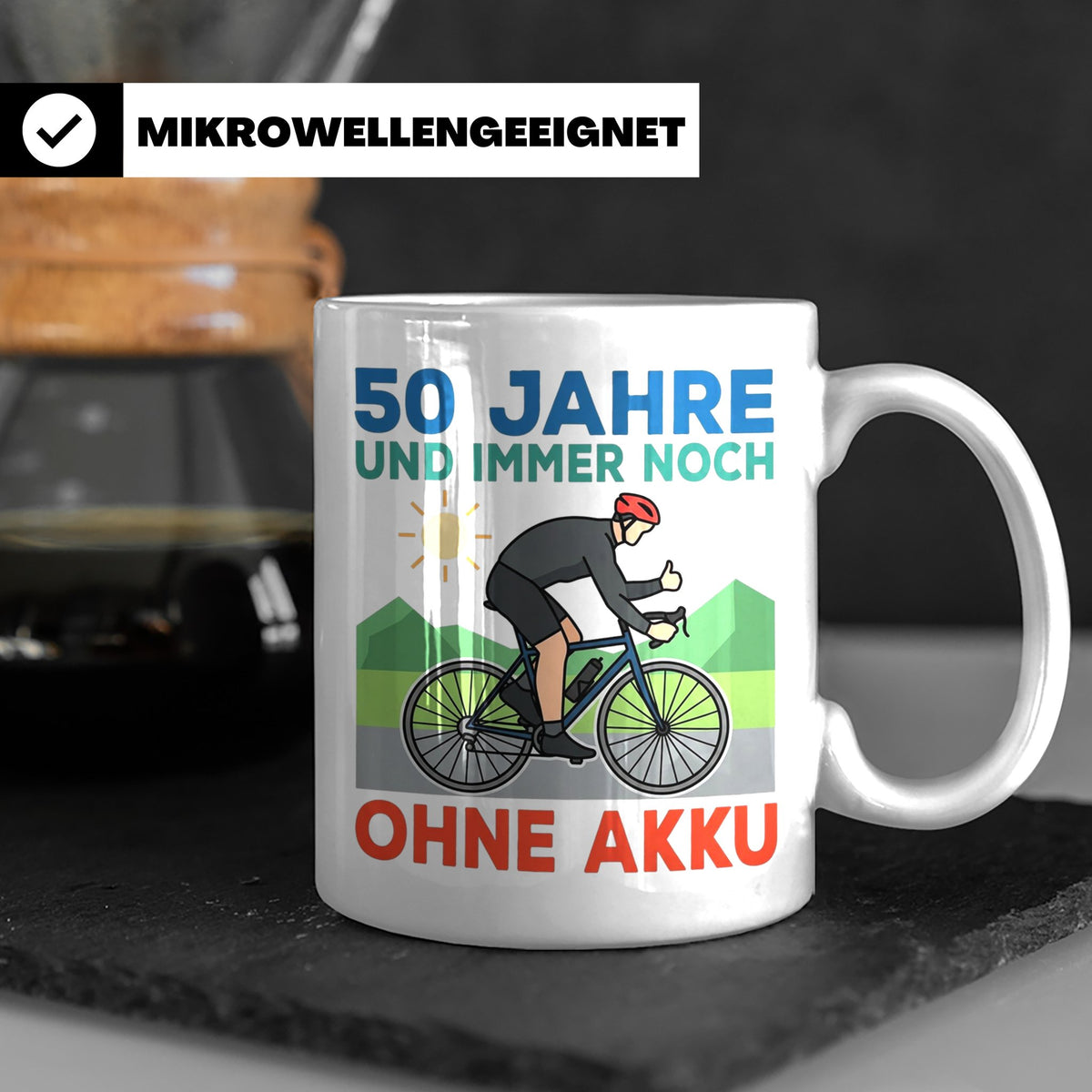 50. Geburtstag Tasse für Rennradfahrer | Spruch Ohne Akku |  – Weiß [farbe:weiß]