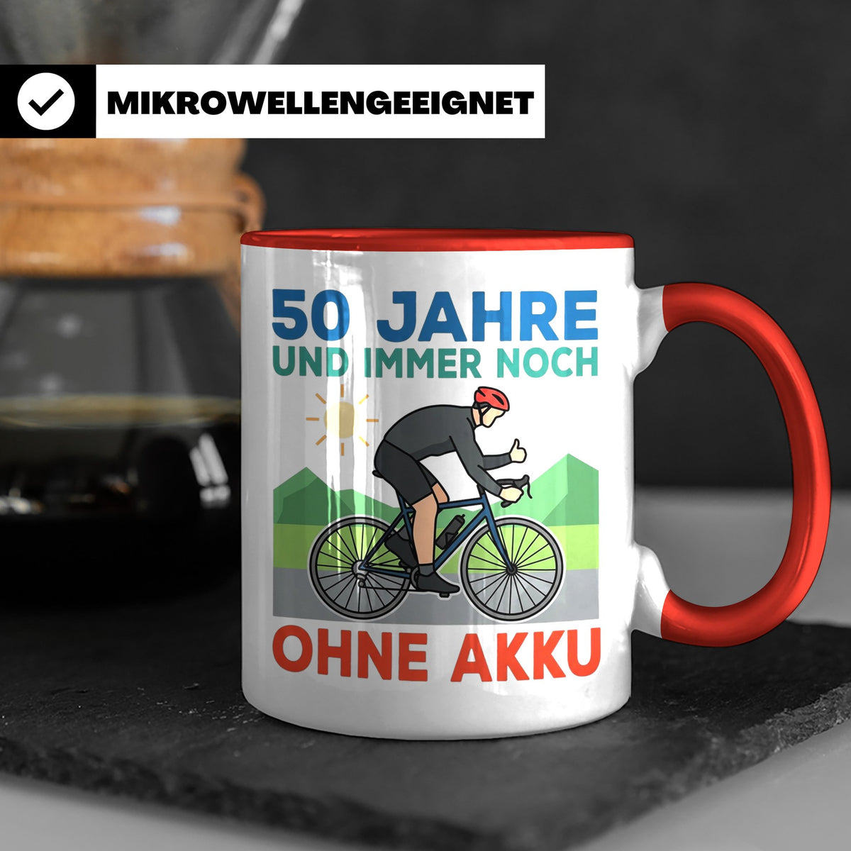50. Geburtstag Tasse für Rennradfahrer | Spruch Ohne Akku |  – Rot [farbe:rot]