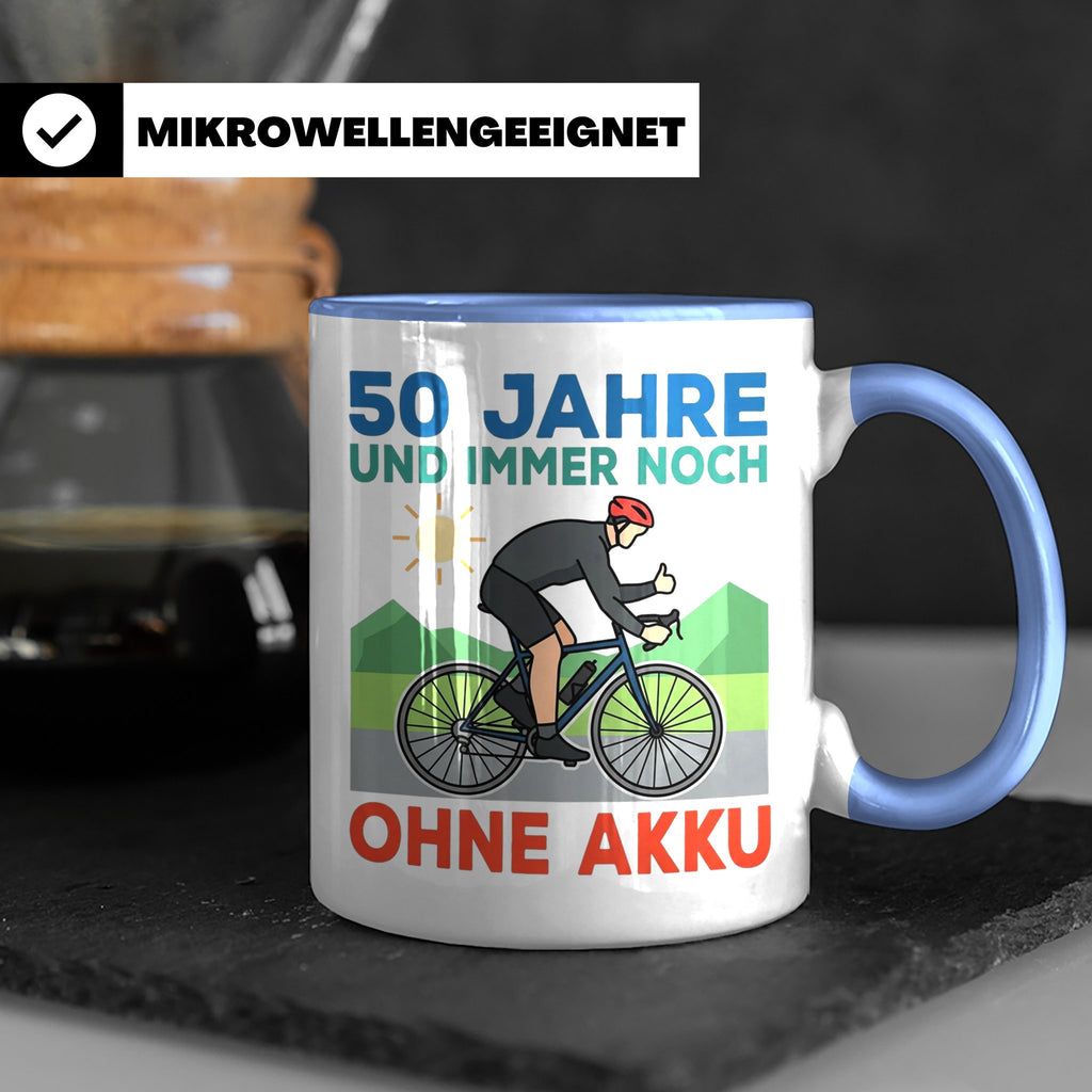 50. Geburtstag Tasse für Rennradfahrer | Spruch Ohne Akku |  – Blau [farbe:blau]