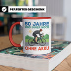 50. Geburtstag Tasse für Rennradfahrer | Spruch Ohne Akku |  – Rot [farbe:rot]