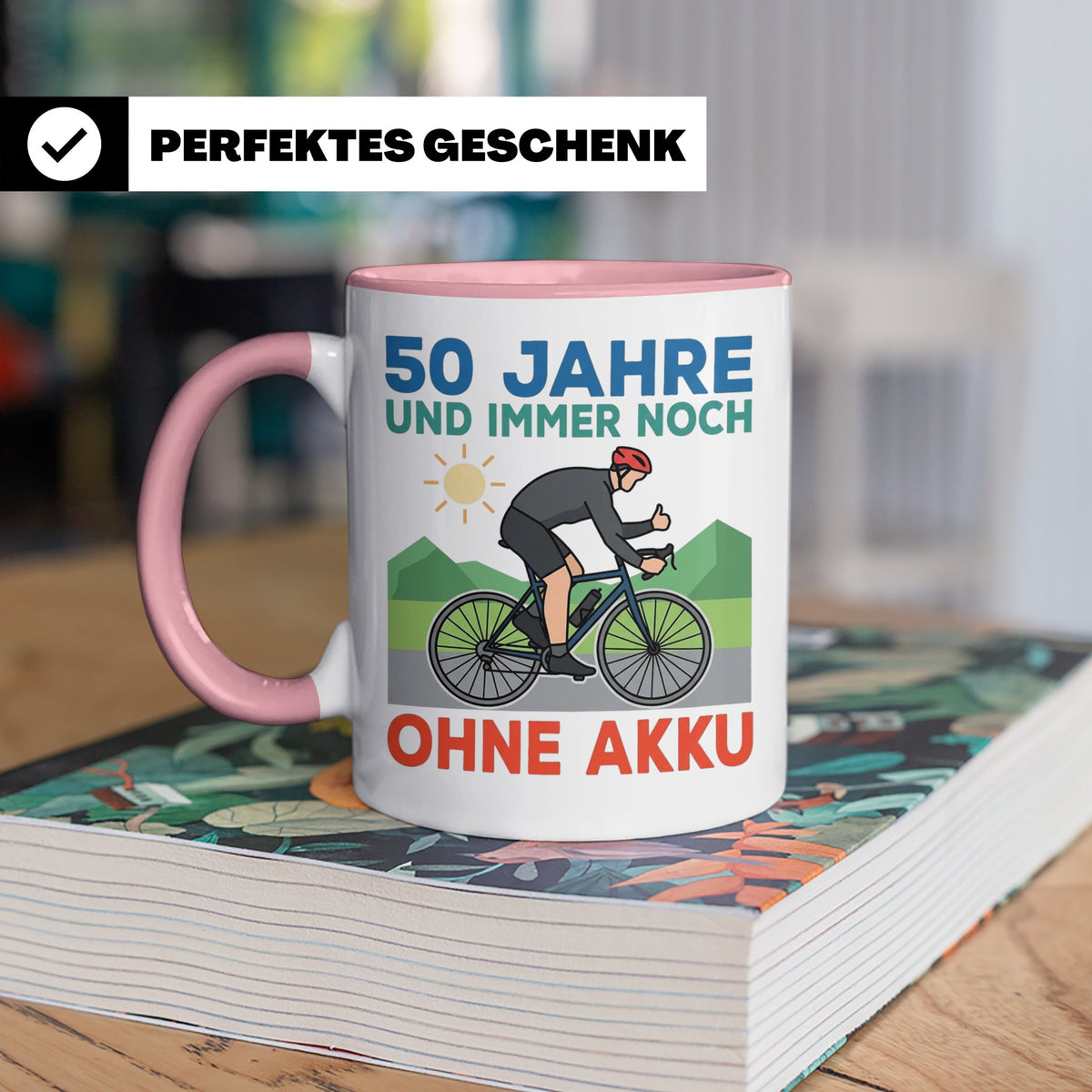 50. Geburtstag Tasse für Rennradfahrer | Spruch Ohne Akku |  – Rosa [farbe:rosa]