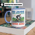 50. Geburtstag Tasse für Rennradfahrer | Spruch Ohne Akku |  – Blau [farbe:blau]