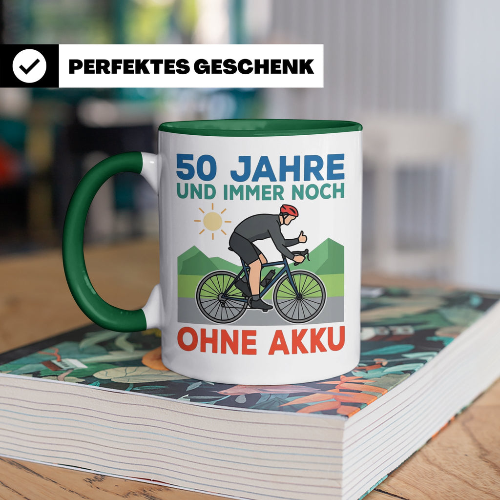50. Geburtstag Tasse für Rennradfahrer | Spruch Ohne Akku |  – Grün [farbe:grün]