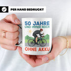 50. Geburtstag Tasse für Rennradfahrer | Spruch Ohne Akku |  – Weiß [farbe:weiß]