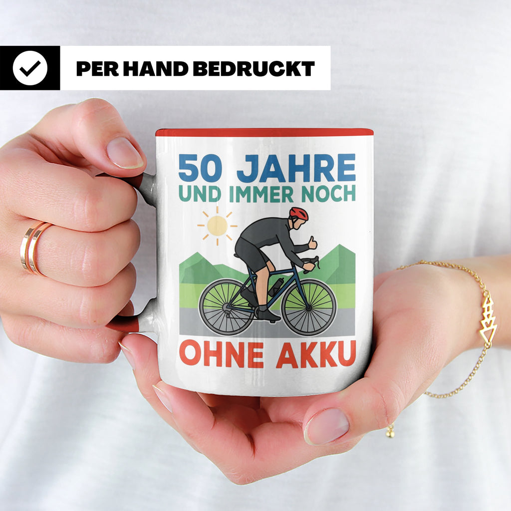 50. Geburtstag Tasse für Rennradfahrer | Spruch Ohne Akku |  – Rot [farbe:rot]