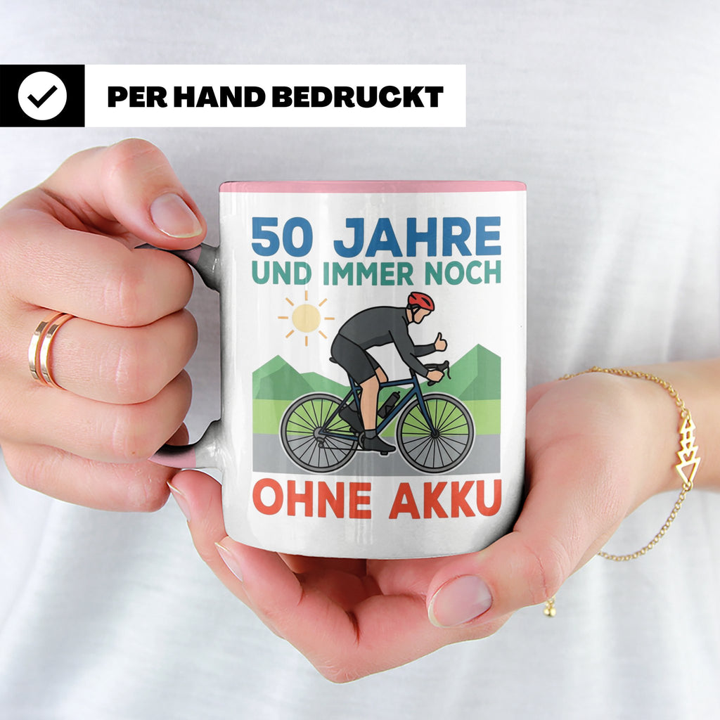 50. Geburtstag Tasse für Rennradfahrer | Spruch Ohne Akku |  – Rosa [farbe:rosa]