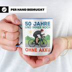 50. Geburtstag Tasse für Rennradfahrer | Spruch Ohne Akku |  – Blau [farbe:blau]