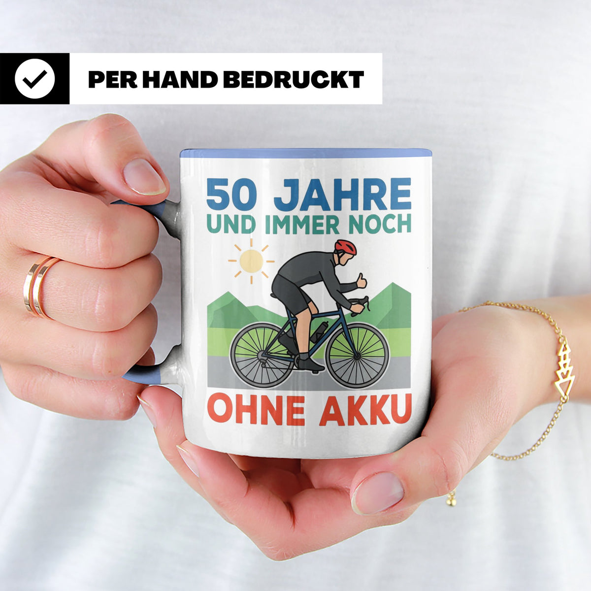 50. Geburtstag Tasse für Rennradfahrer | Spruch Ohne Akku |  – Blau [farbe:blau]