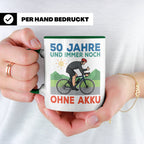 50. Geburtstag Tasse für Rennradfahrer | Spruch Ohne Akku |  – Grün [farbe:grün]
