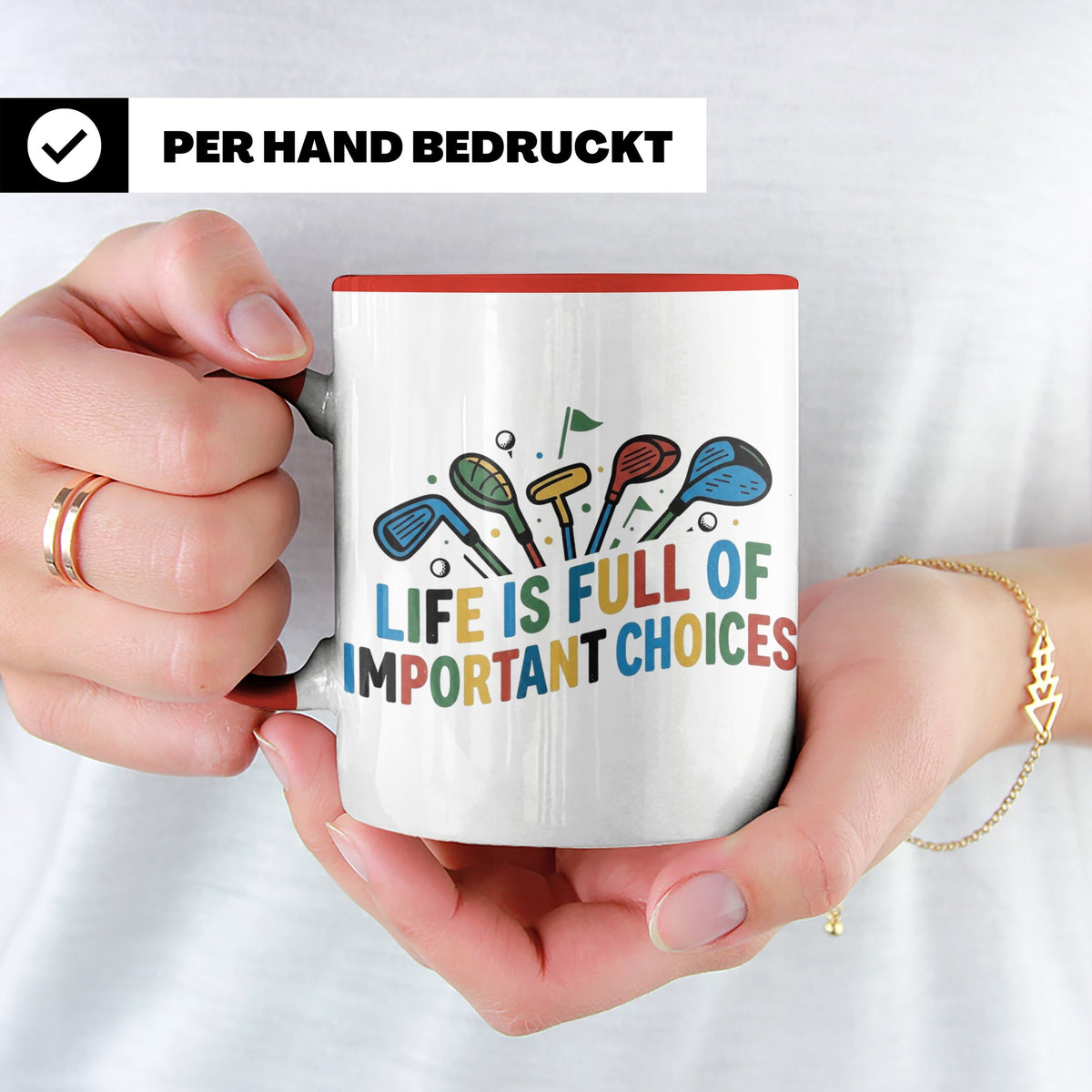 Golfer Tasse mit Spruch Life is full of important choices, L – Rot [farbe:rot]