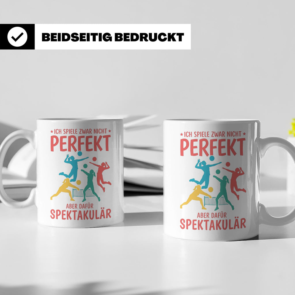 Volleyball Tasse mit Spruch Nicht Perfekt Aber Spektakulär,  – Weiß [farbe:weiß]