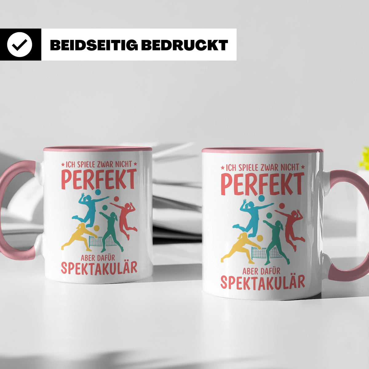 Volleyball Tasse mit Spruch Nicht Perfekt Aber Spektakulär,  – Rosa [farbe:rosa]