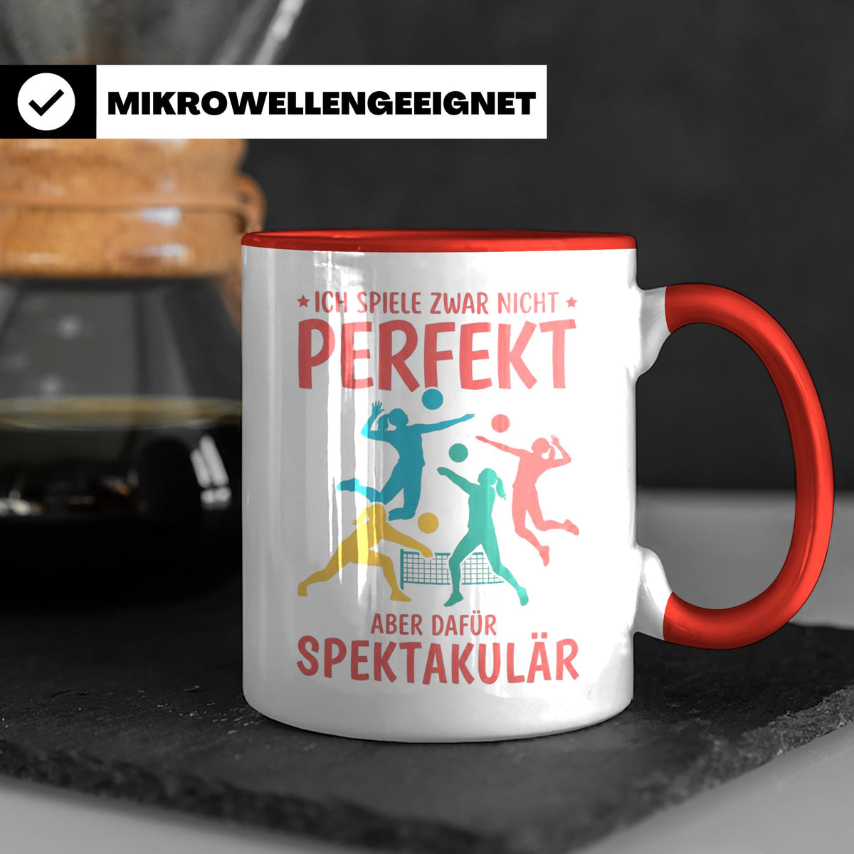 Volleyball Tasse mit Spruch Nicht Perfekt Aber Spektakulär,  – Rot [farbe:rot]