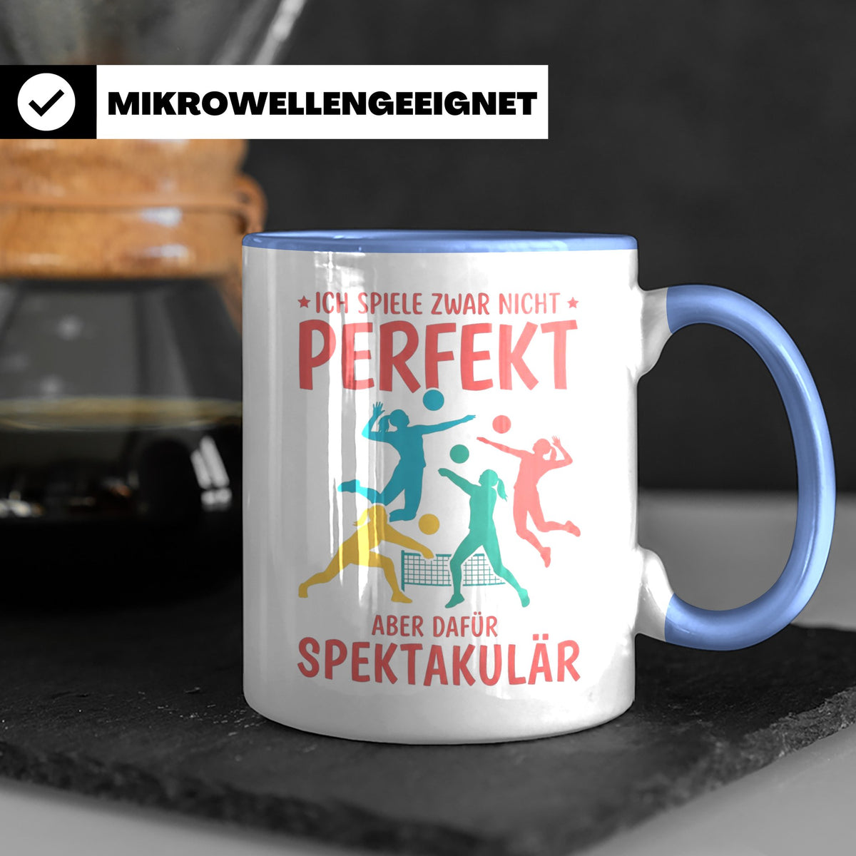 Volleyball Tasse mit Spruch Nicht Perfekt Aber Spektakulär,  – Blau [farbe:blau]