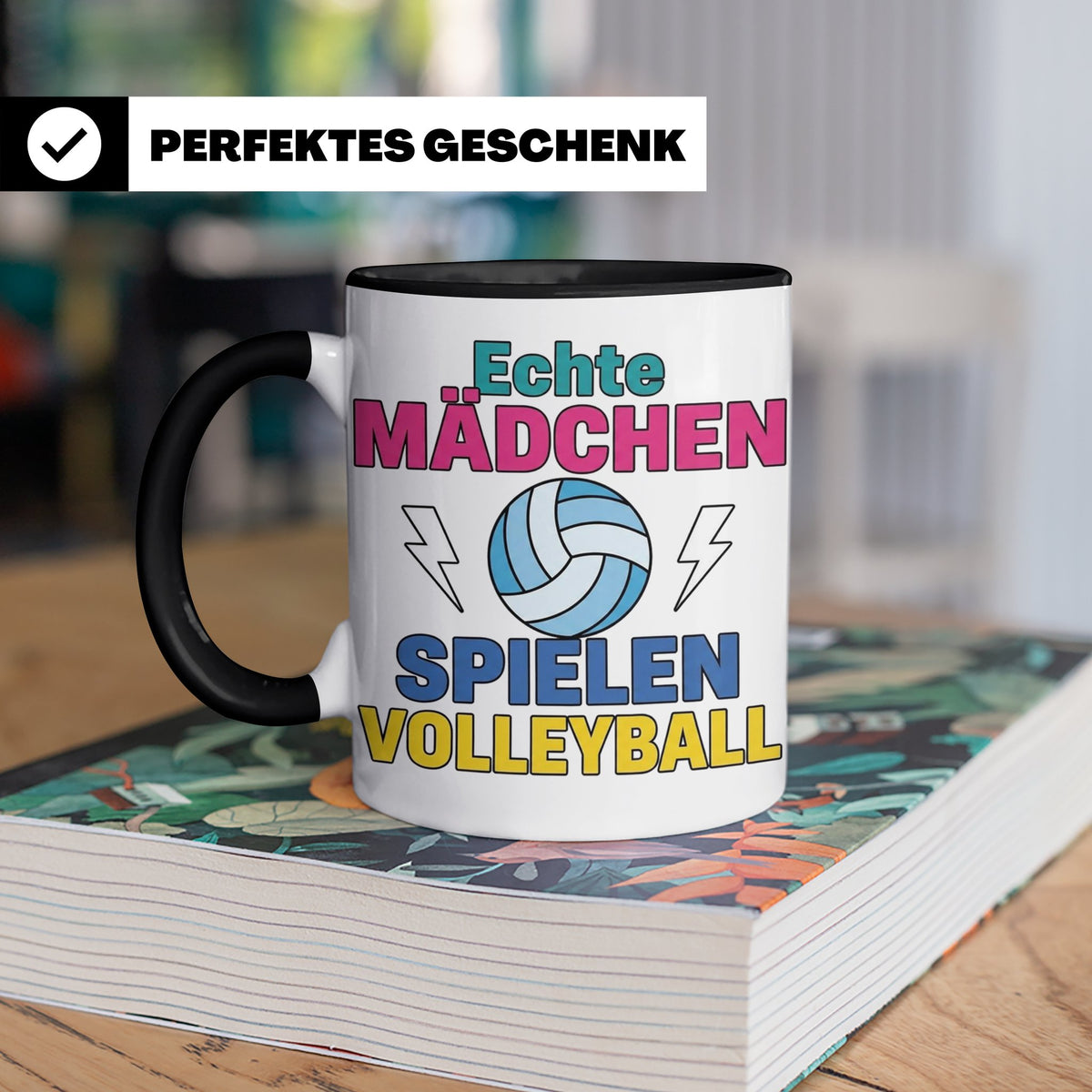 Volleyball Tasse für Mädchen mit Spruch Echte Mädchen spiele – Schwarz [farbe:schwarz]