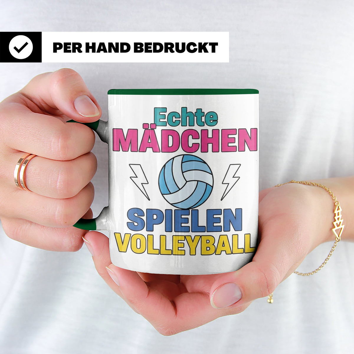 Volleyball Tasse für Mädchen mit Spruch Echte Mädchen spiele – Grün [farbe:grün]