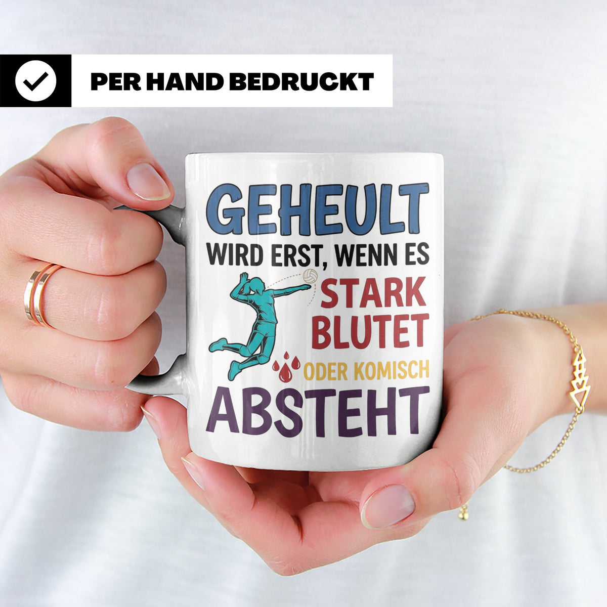 Volleyball Tasse mit Spruch Geheult wird erst wenns blutet.  – Weiß [farbe:weiß]