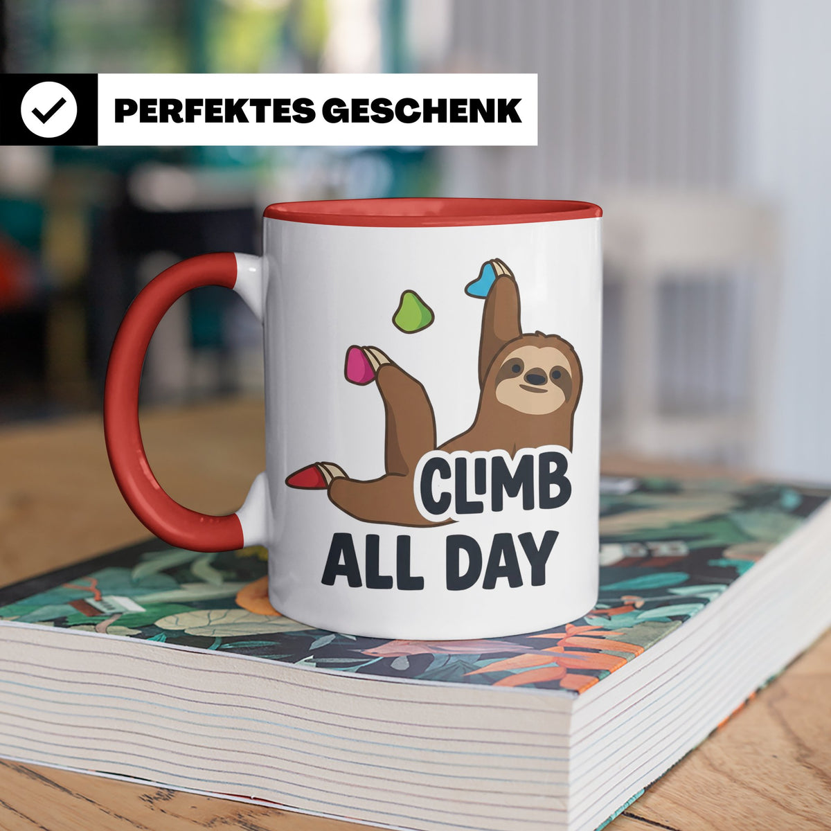 Boulder Tasse Faultier Climb All Day Kletterhalle Kaffeebech – Rot [farbe:rot]