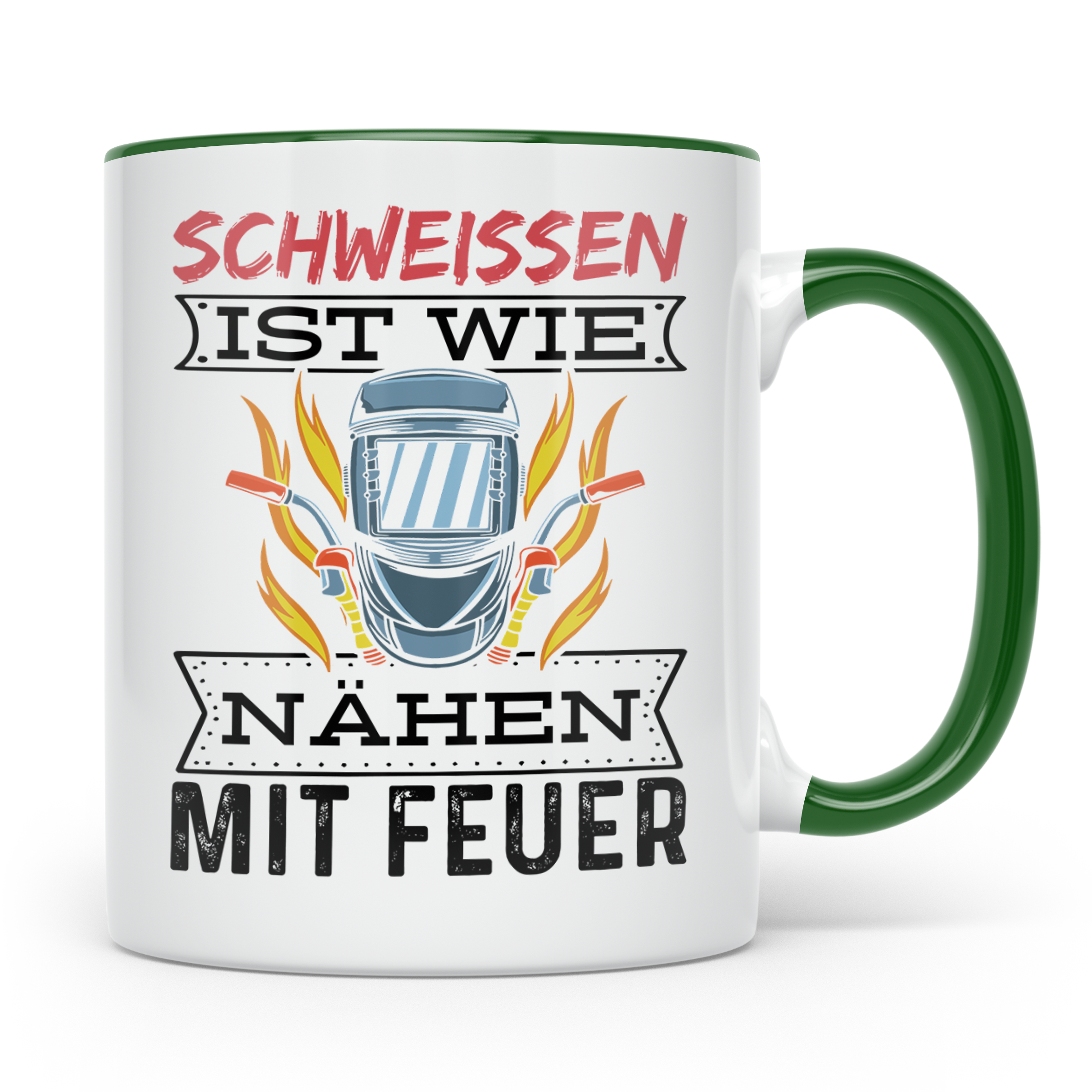 Schweißen Tasse - Schweißerhelm mit Flammen Motiv - Metallba – Grün [farbe:grün]