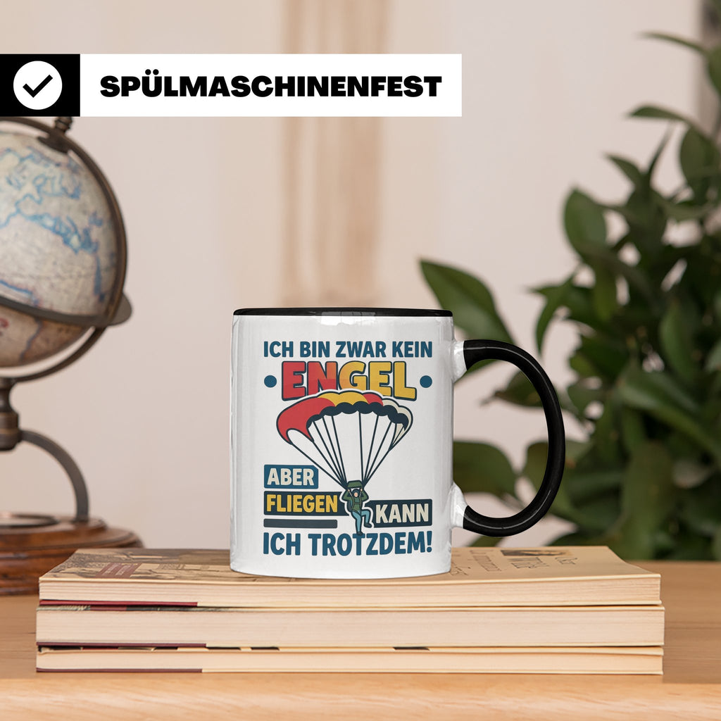 Fallschirmspringer Tasse 'Kein Engel aber fliegen' Spruch Sk – Schwarz [farbe:schwarz]